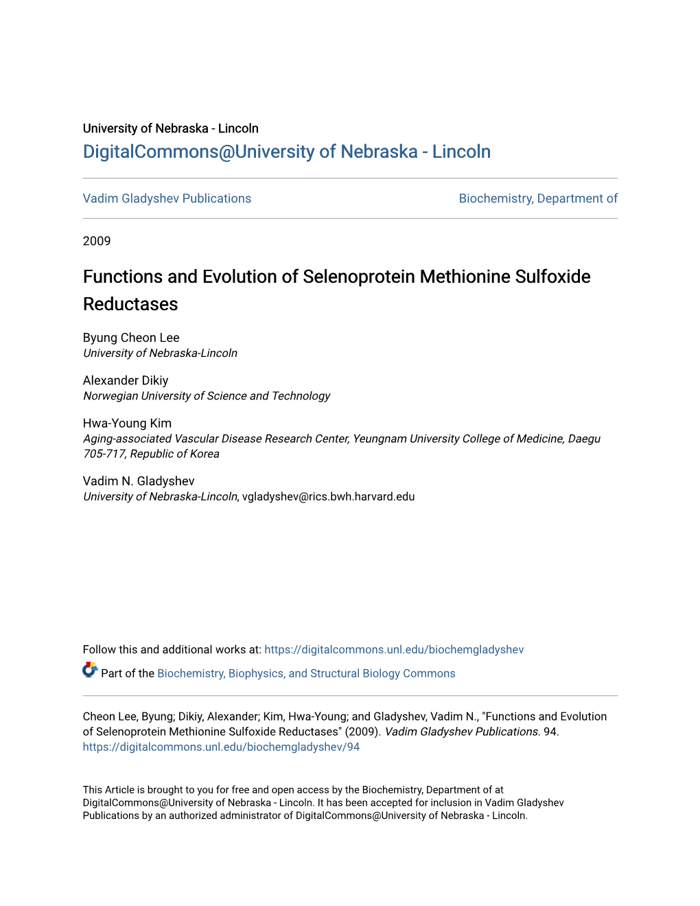 Functions and Evolution of Selenoprotein Methionine Sulfoxide Reductases