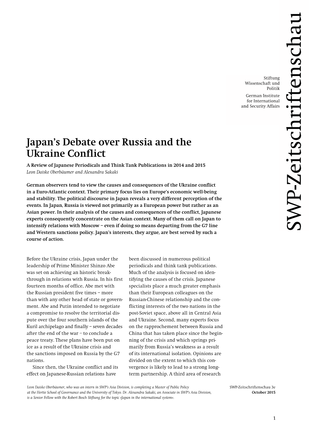 Japan's Debate Over Russia and the Ukraine Conflict. a Review Of