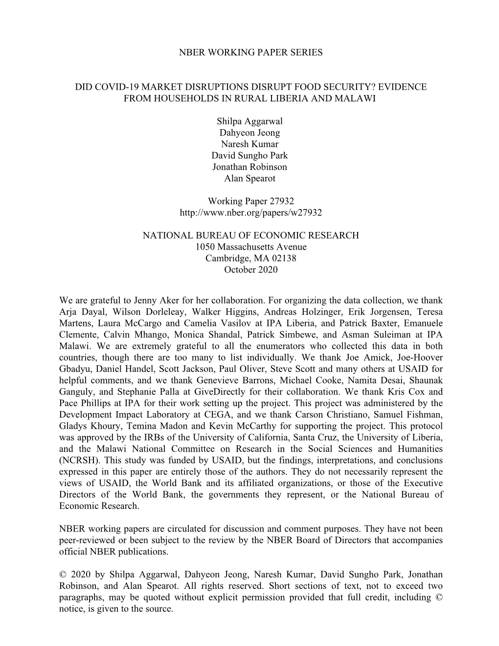 Did Covid-19 Market Disruptions Disrupt Food Security? Evidence from Households in Rural Liberia and Malawi