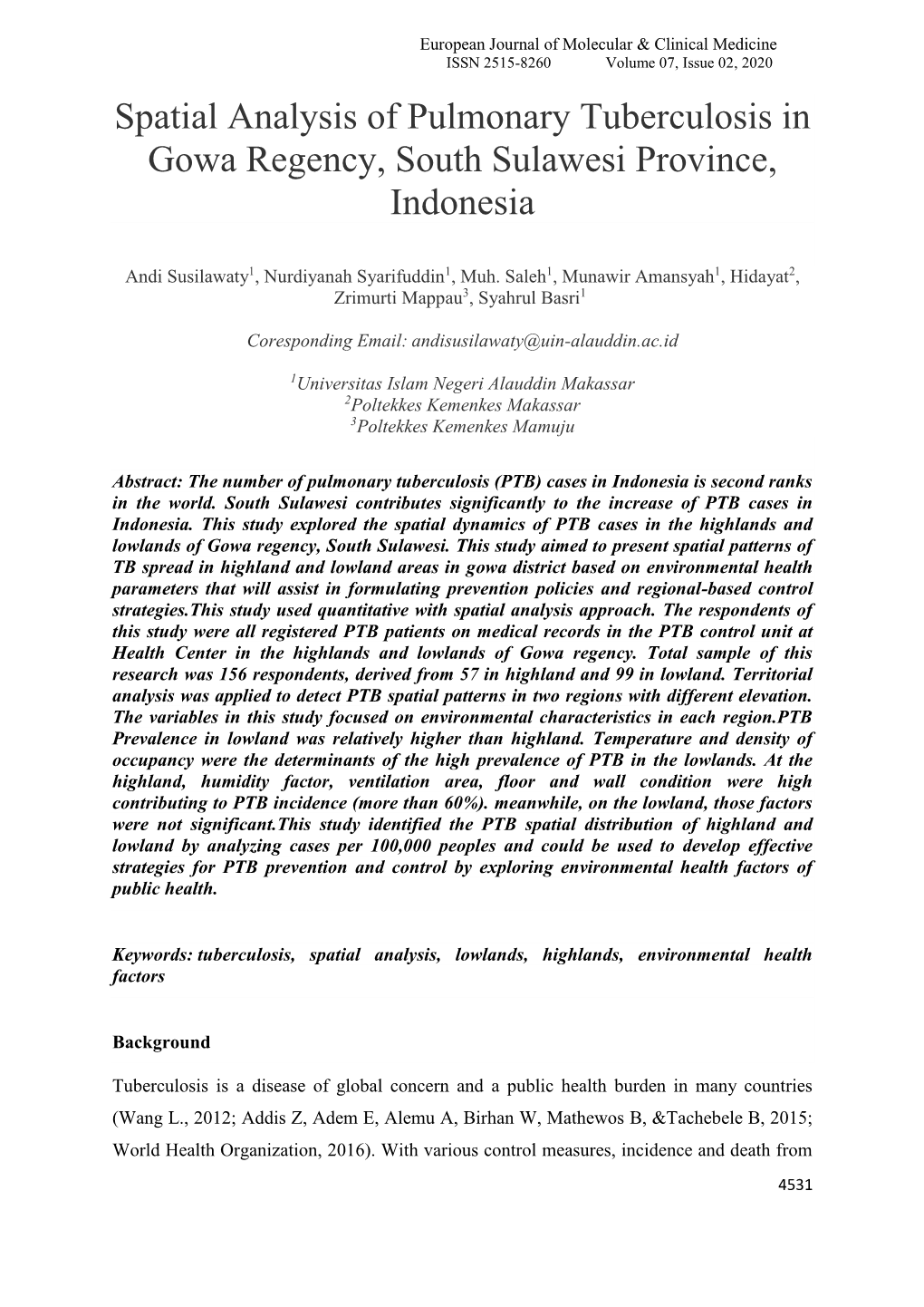 Spatial Analysis of Pulmonary Tuberculosis in Gowa Regency, South Sulawesi Province, Indonesia