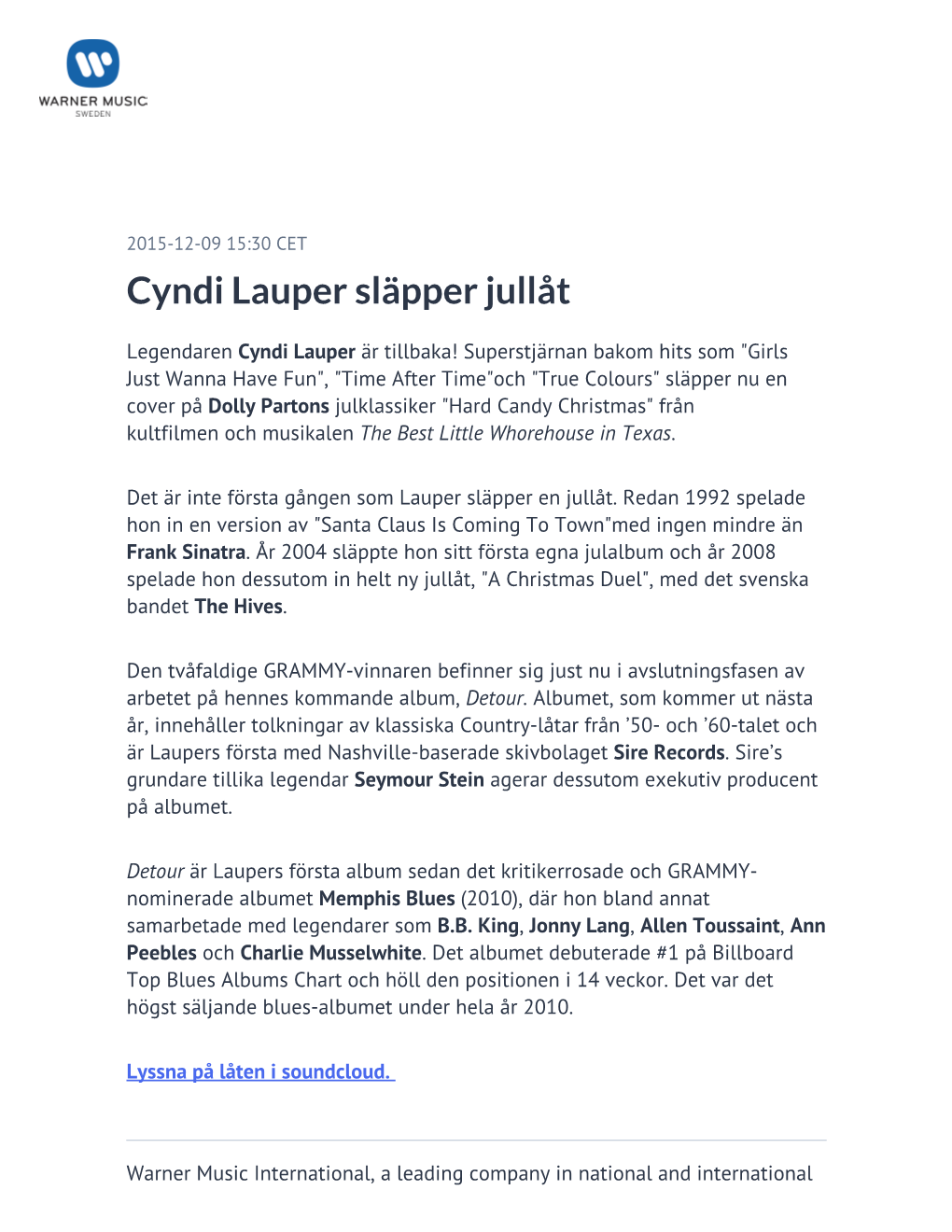 Cyndi Lauper Släpper Jullåt