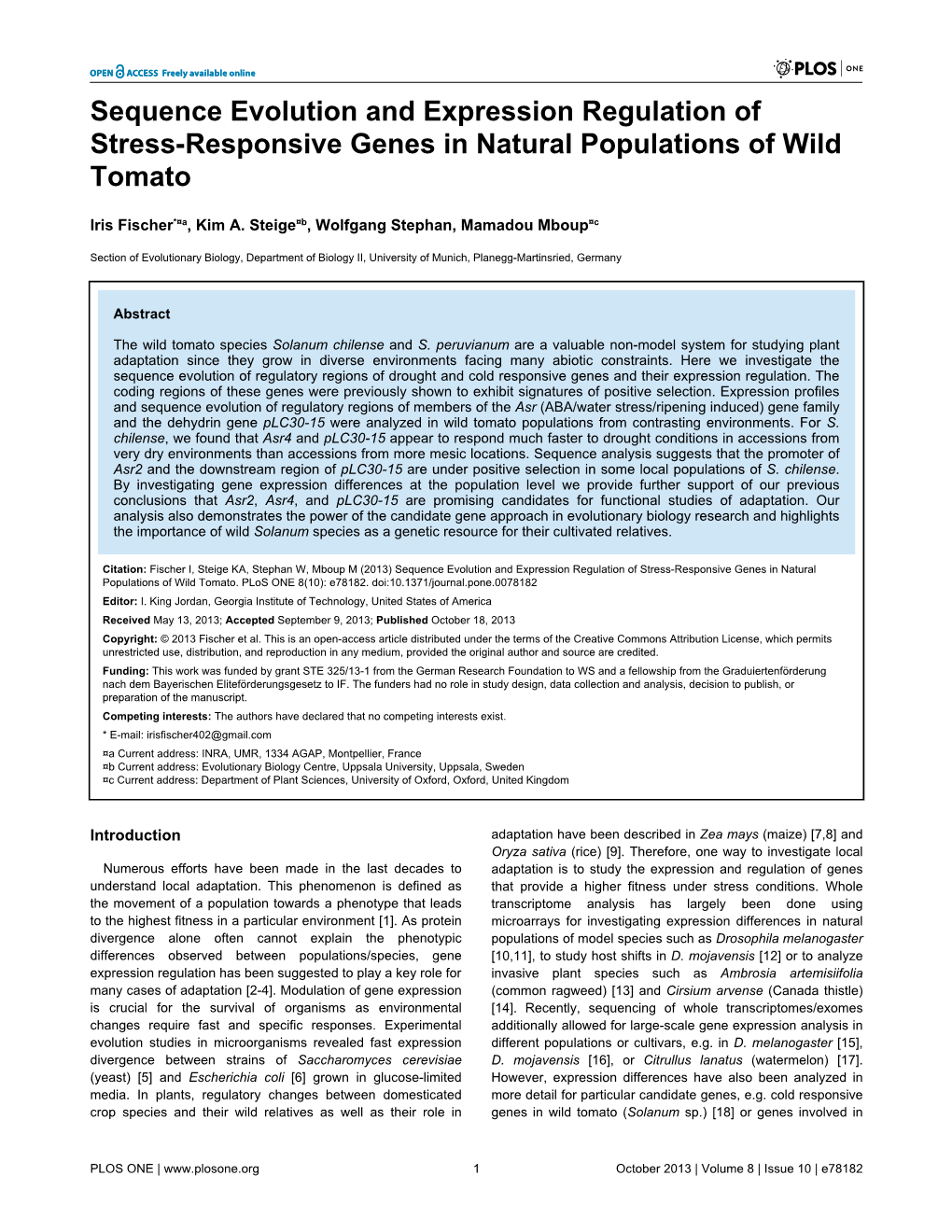 Sequence Evolution and Expression Regulation of Stress-Responsive Genes in Natural Populations of Wild Tomato