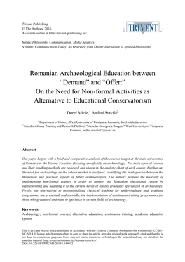 Romanian Archaeological Education Between “Demand” and “Offer:” on the Need for Non-Formal Activities As Alternative to Educational Conservatorism