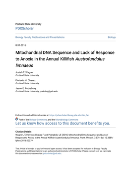 Mitochondrial DNA Sequence and Lack of Response to Anoxia in the Annual Killifish Austrofundulus Limnaeus