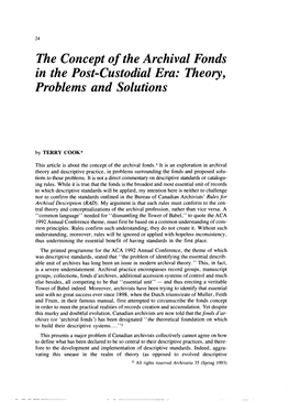 The Concept of the Archival Fonds in the Post-Custodial Era: Theory, Problems and Solutions