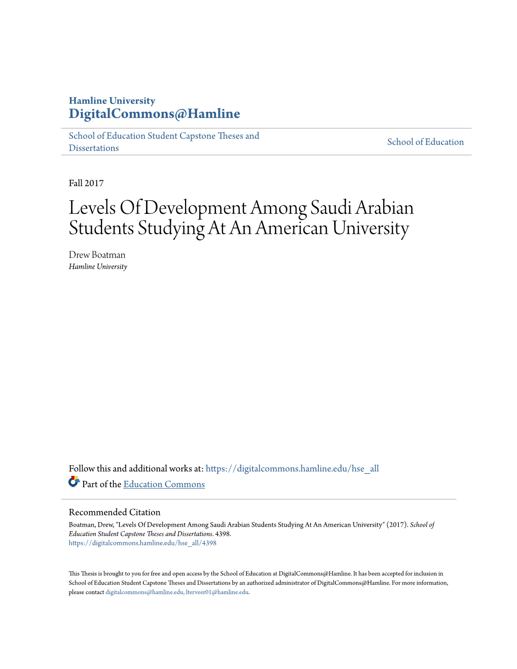Levels of Development Among Saudi Arabian Students Studying at an American University Drew Boatman Hamline University