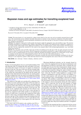 Bayesian Mass and Age Estimates for Transiting Exoplanet Host Stars⋆