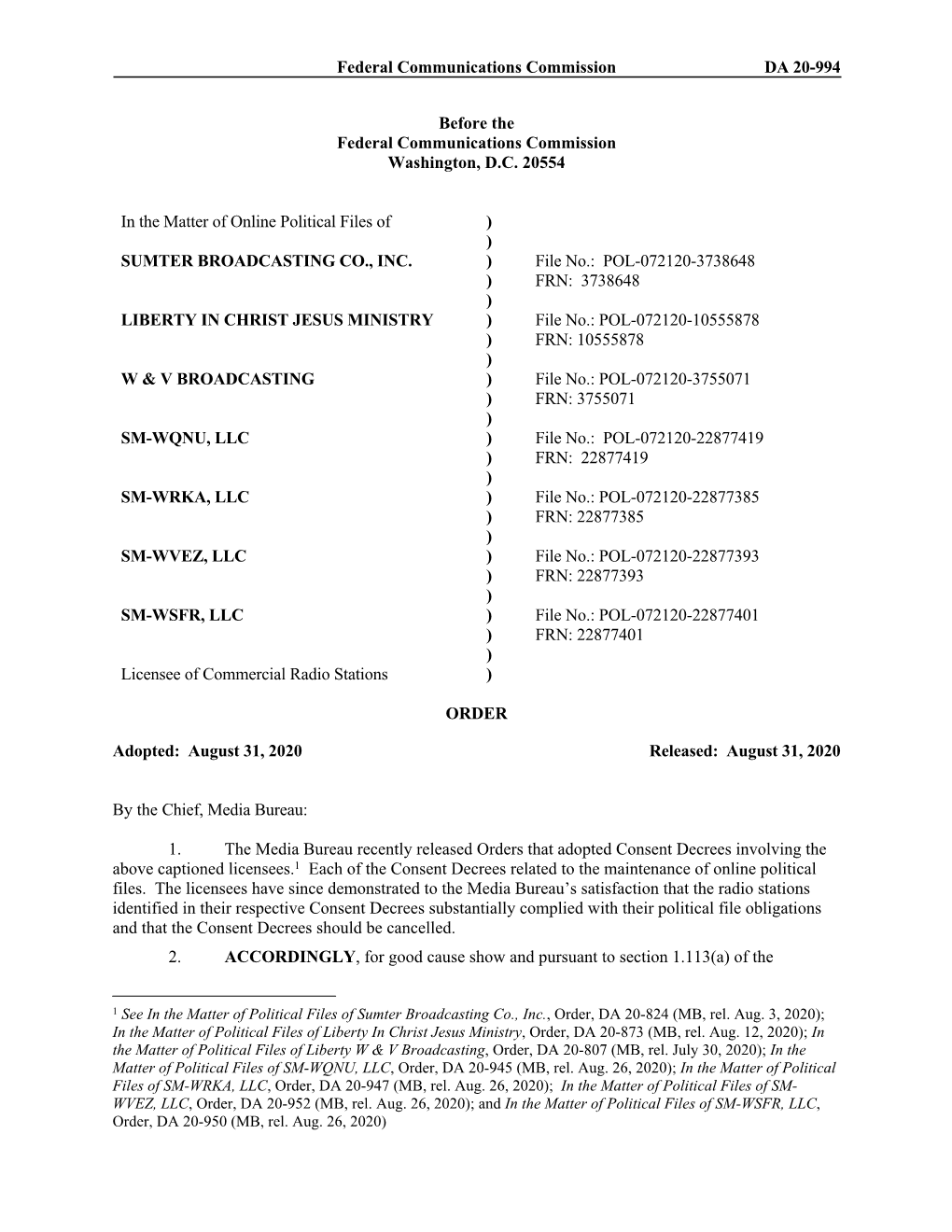 Federal Communications Commission DA 20-994 Before the Federal