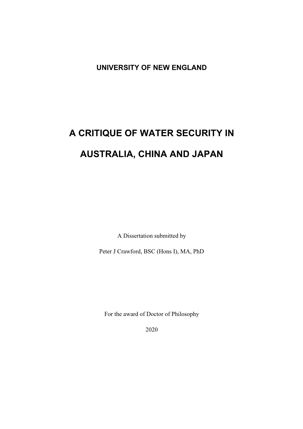 A Critique of Water Security in Australia, China and Japan