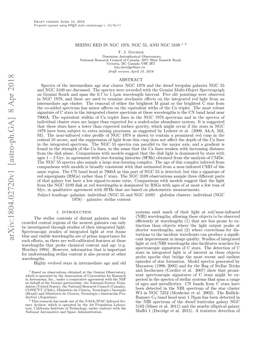 Arxiv:1804.02720V1 [Astro-Ph.GA] 8 Apr 2018 O Nesadn Tla Otn Sas Rsn Tother at Present Also Is Wavelengths