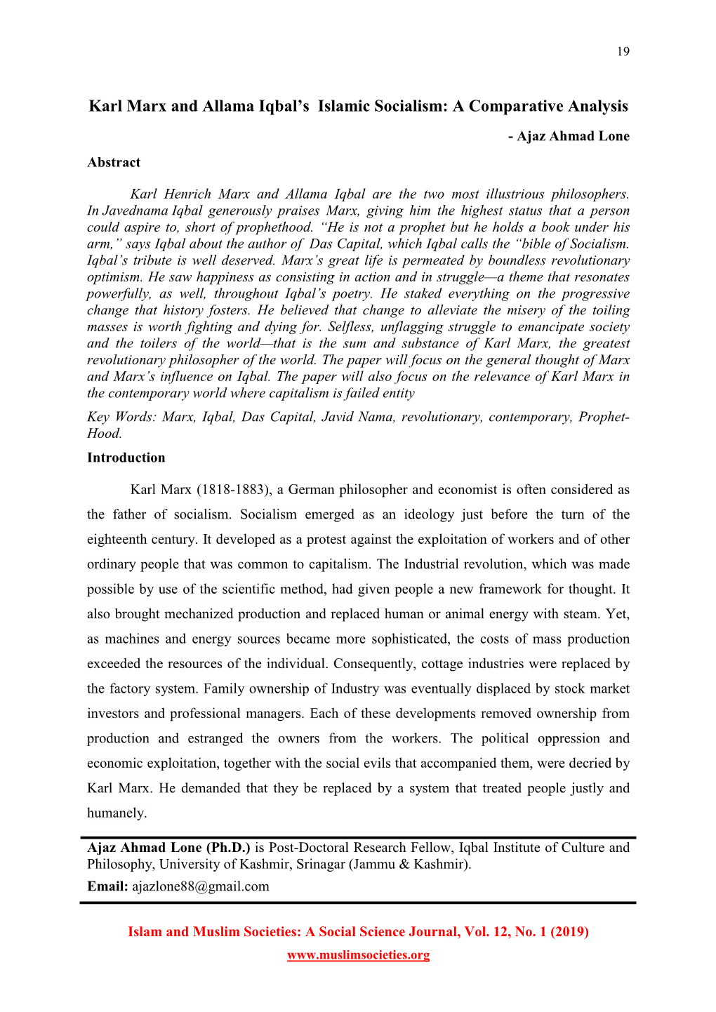 Karl Marx and Allama Iqbal's Islamic Socialism: a Comparative Analysis