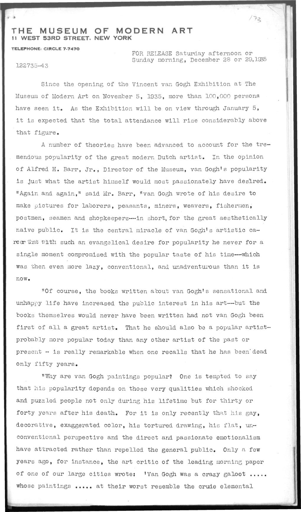 THE MUSEUM of MODERN ART 11 WEST 53RD STREET, NEW YORK TELEPHONE: CIRCLE 7-7470 for RELEASE Saturday Afternoon Or Sunday Morning, December 38 Or 29,1955 122735-43