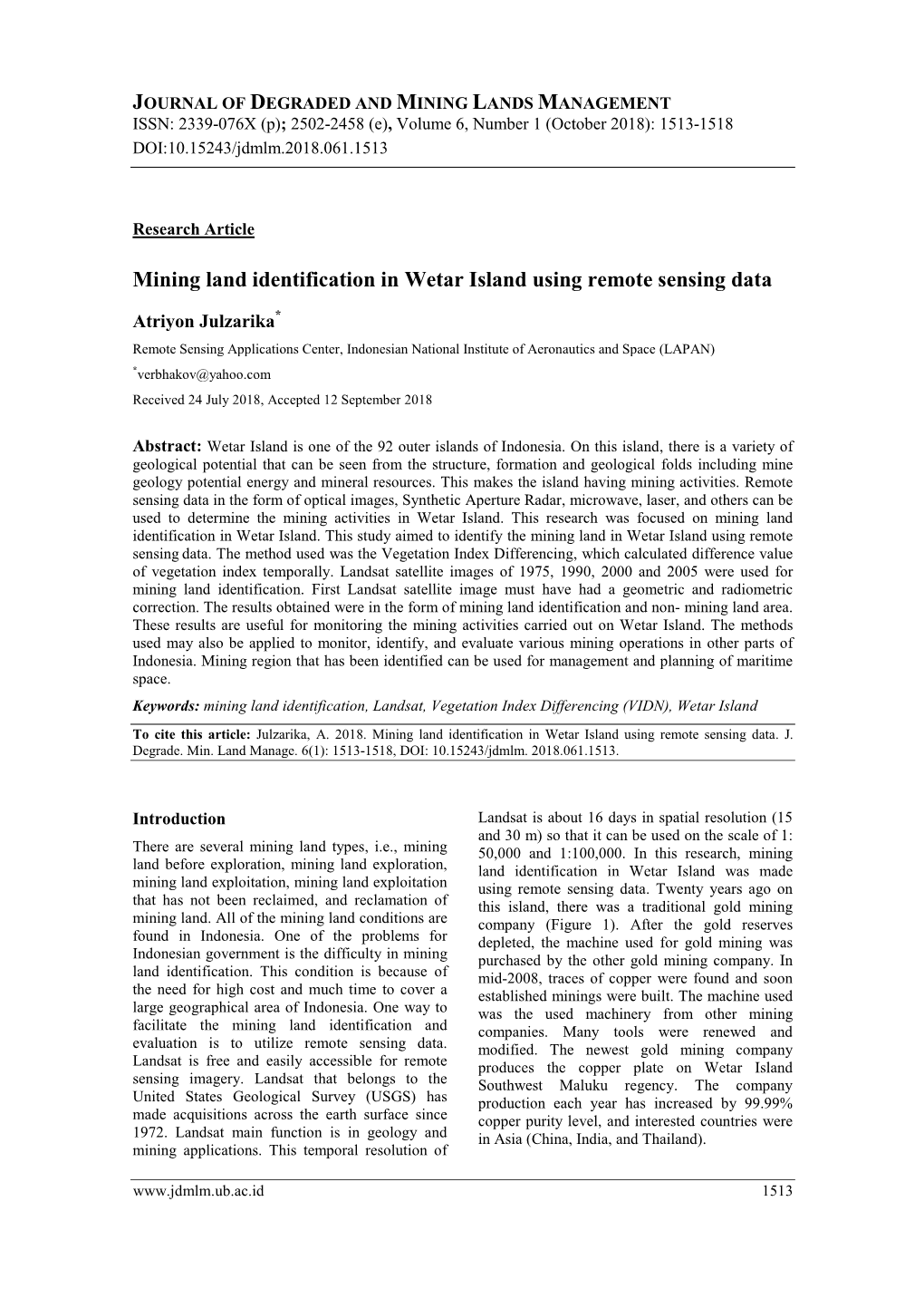 Mining Land Identification in Wetar Island Using Remote Sensing Data