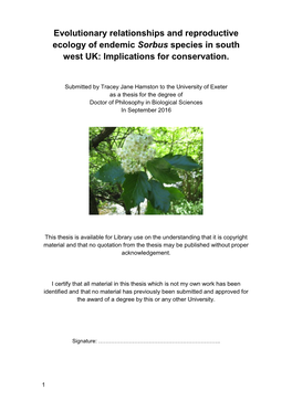Evolutionary Relationships and Reproductive Ecology of Endemic Sorbus Species in South West UK: Implications for Conservation