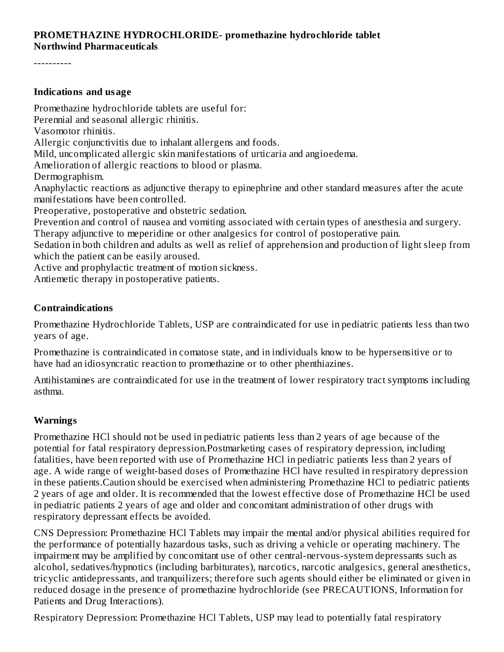 PROMETHAZINE HYDROCHLORIDE- Promethazine Hydrochloride Tablet Northwind Pharmaceuticals