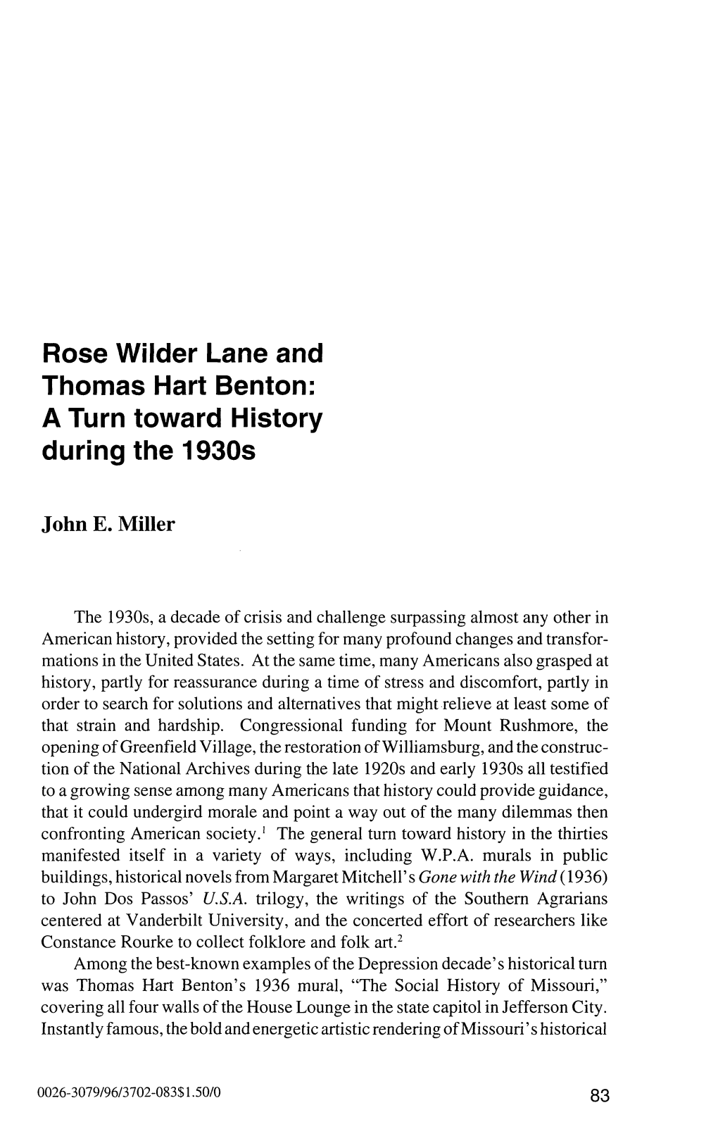 Rose Wilder Lane and Thomas Hart Benton: a Turn Toward History During the 1930S