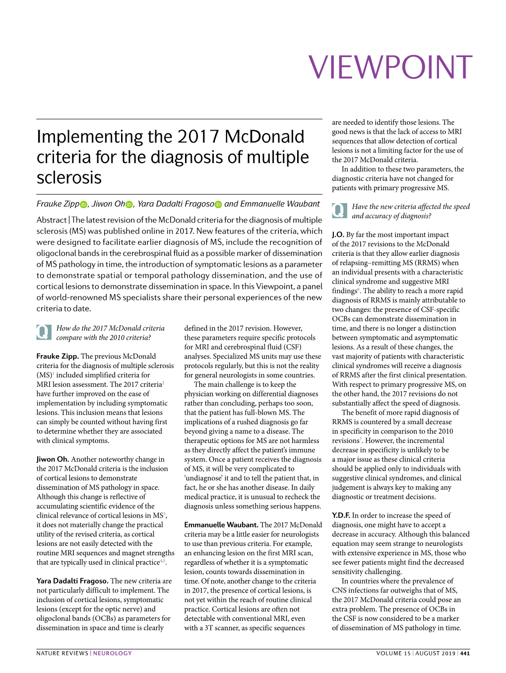 Implementing the 2017 Mcdonald Criteria for the Diagnosis of Multiple