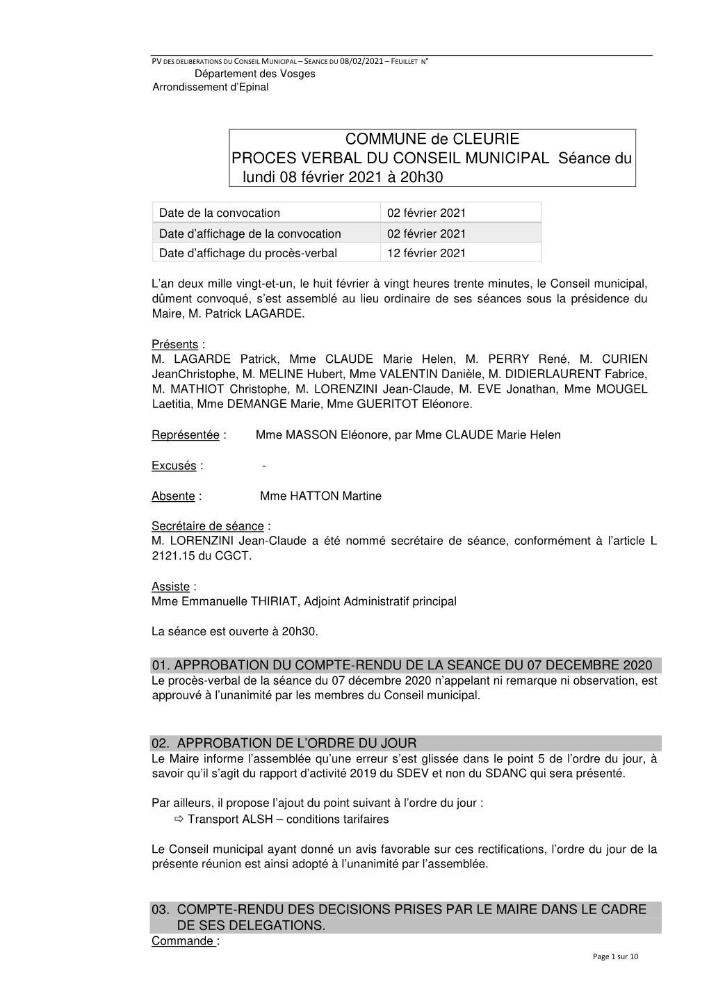 COMMUNE De CLEURIE PROCES VERBAL DU CONSEIL MUNICIPAL Séance Du Lundi 08 Février 2021 À 20H30