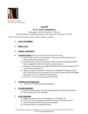 Agenda Civic Arts Commission Wednesday, July 24, 2019 at 6:00 – 8:00 P.M