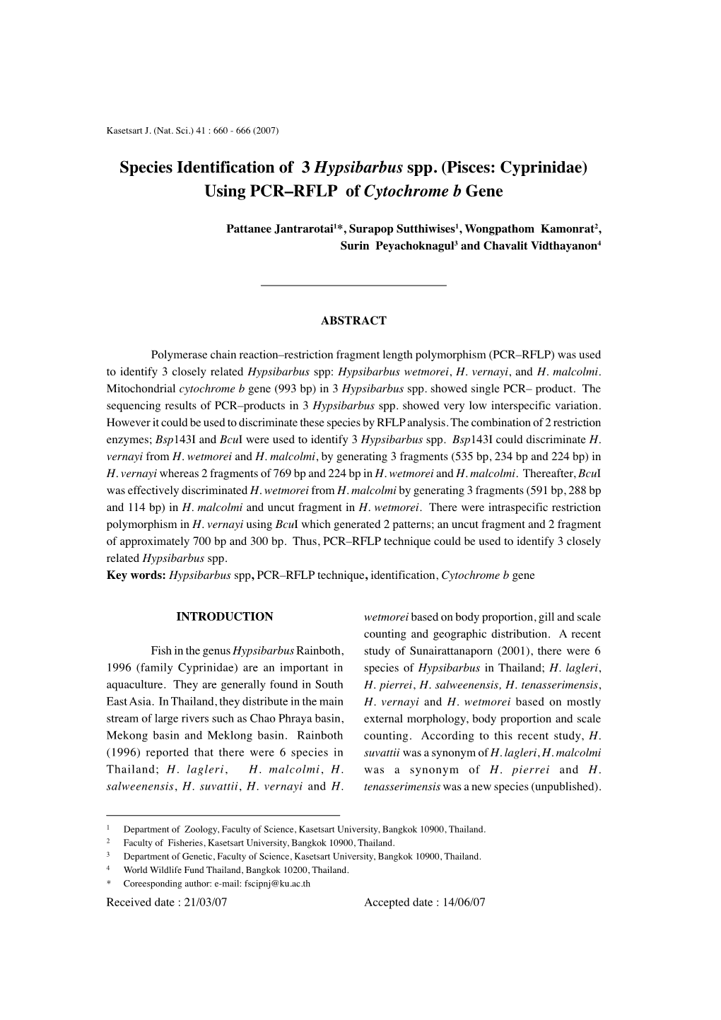 Species Identification of 3 Hypsibarbus Spp. (Pisces: Cyprinidae) Using PCR–RFLP of Cytochrome B Gene