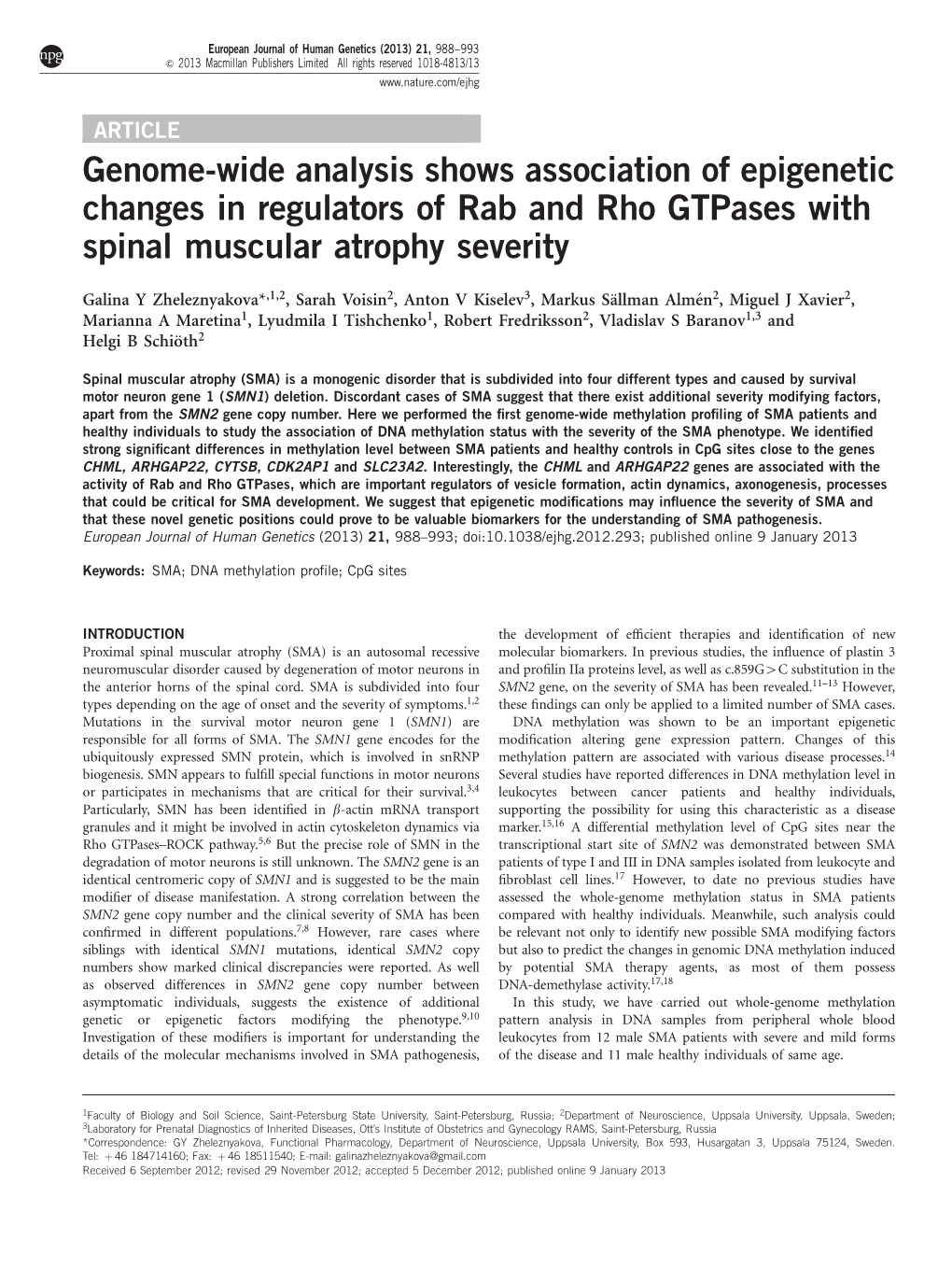 Genome-Wide Analysis Shows Association of Epigenetic Changes in Regulators of Rab and Rho Gtpases with Spinal Muscular Atrophy Severity