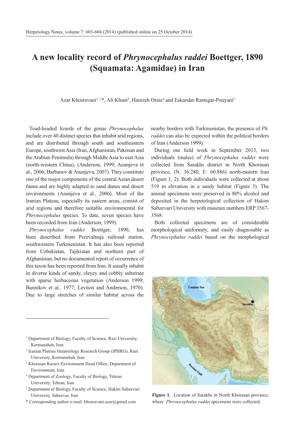 A New Locality Record of Phrynocephalus Raddei Boettger, 1890 (Squamata: Agamidae) in Iran