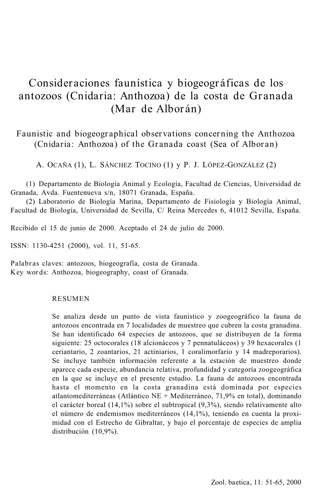 Consideraciones Faunística Y Biogeográficas De Los Antozoos (Cnidaria: Anthozoa) De La Costa De Granada (Mar De Alborán)