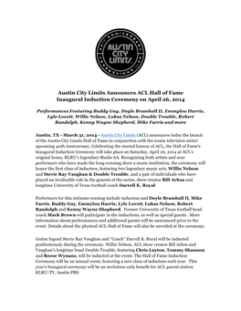 Austin City Limits Announces ACL Hall of Fame Inaugural Induction Ceremony on April 26, 2014