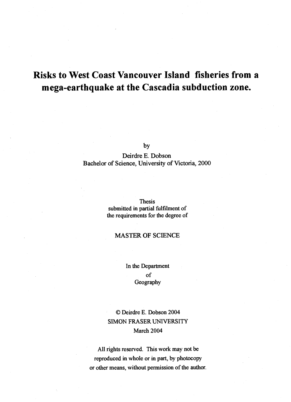Risks to West Coast Vancouver Island Fisheries from a Mega-Earthquake at the Cascadia Subduction Zone