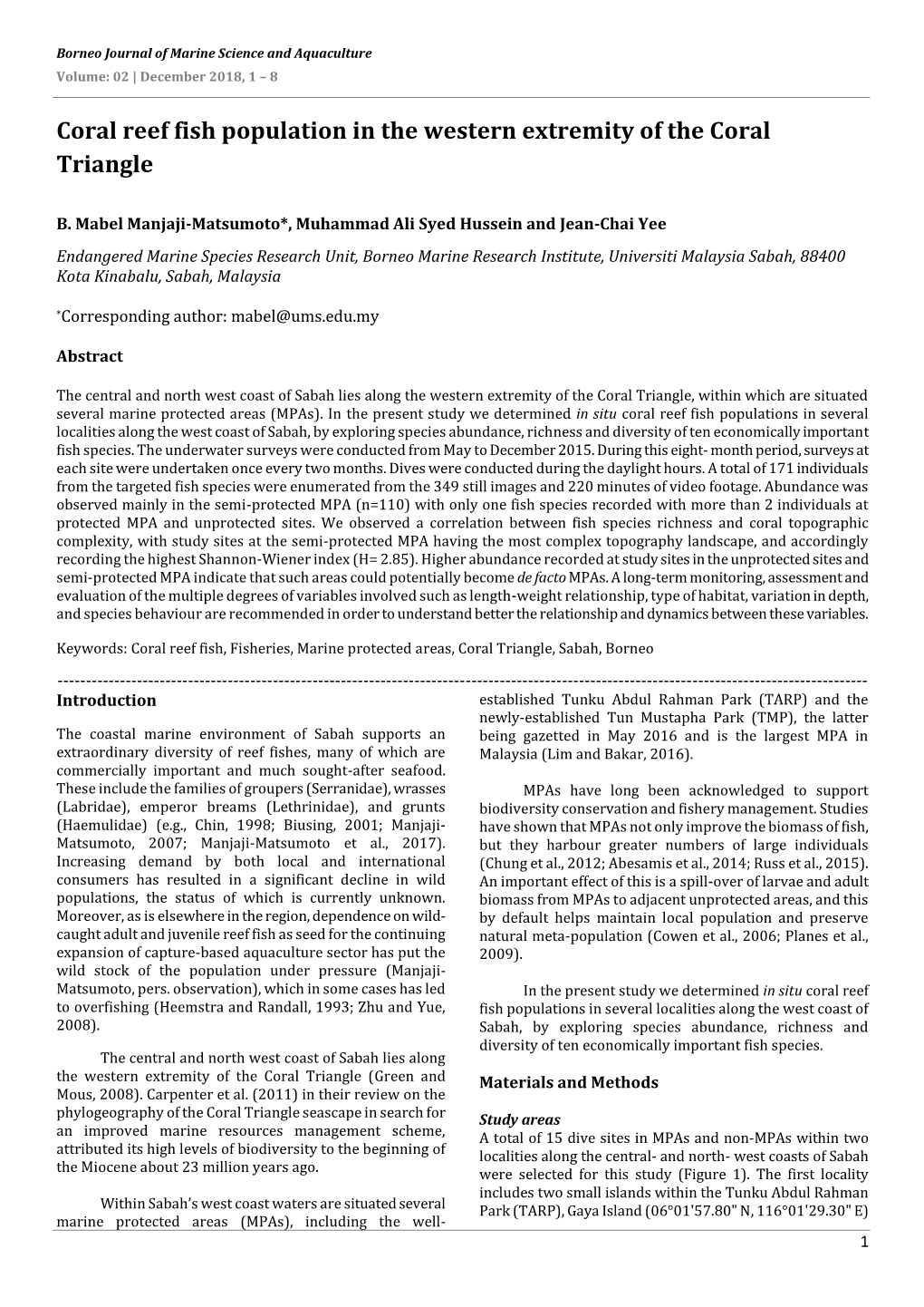 Coral Reef Fish Population in the Western Extremity of the Coral Triangle