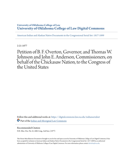 Petition of B. F. Overton, Governor, and Thomas W. Johnson and John E. Anderson