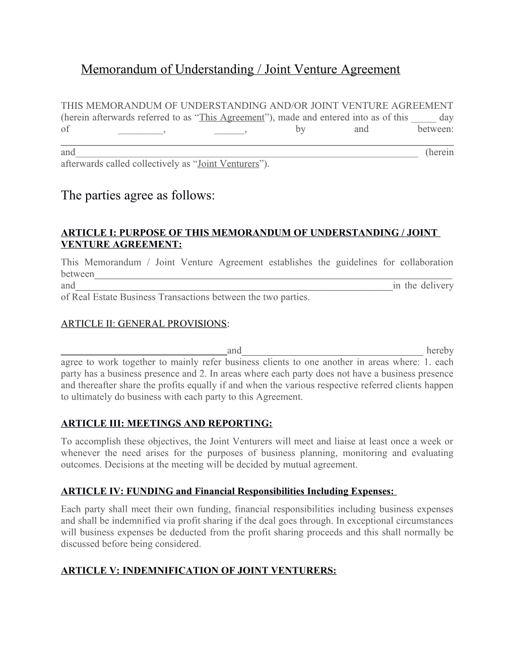 Memorandum of Understanding / Joint Venture Agreement