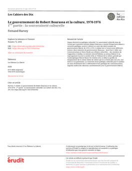 Le Gouvernement De Robert Bourassa Et La Culture, 1970-1976 1Re Partie : La Souveraineté Culturelle Fernand Harvey