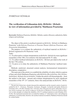 The Verification of Lithuanian Deity Bičbirbis / Birbulis in View of Information Provided by Matthaeus Praetorius