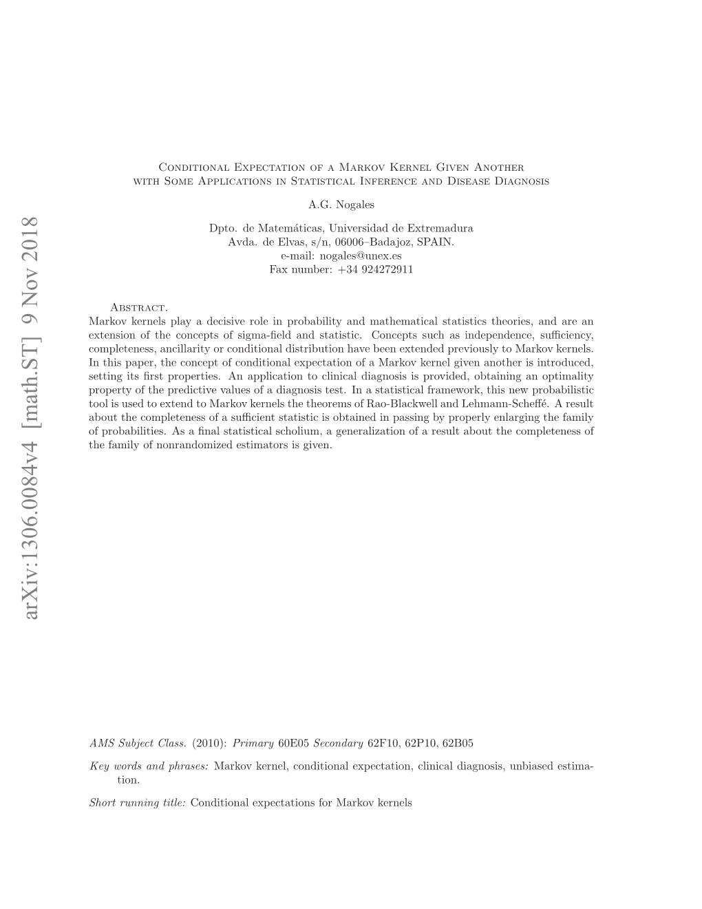 Arxiv:1306.0084V4 [Math.ST] 9 Nov 2018 Hr Unn Title: Running Short M Ujc Class