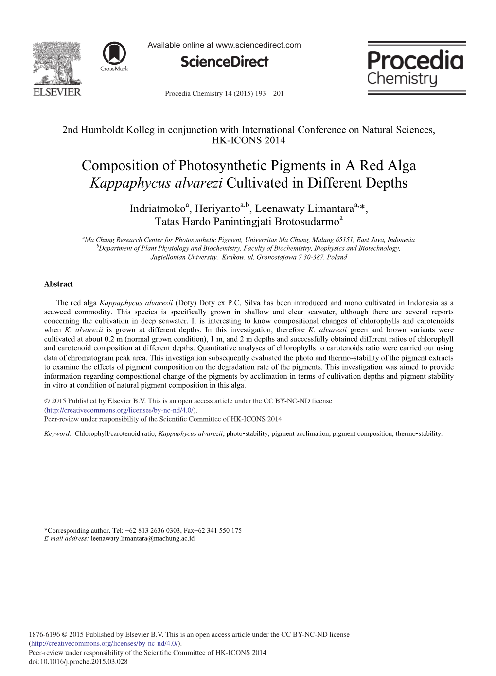 Composition of Photosynthetic Pigments in a Red Alga Kappaphycus Alvarezi Cultivated in Different Depths