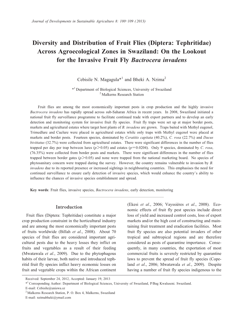 Diversity and Distribution of Fruit Flies (Diptera: Tephritidae)