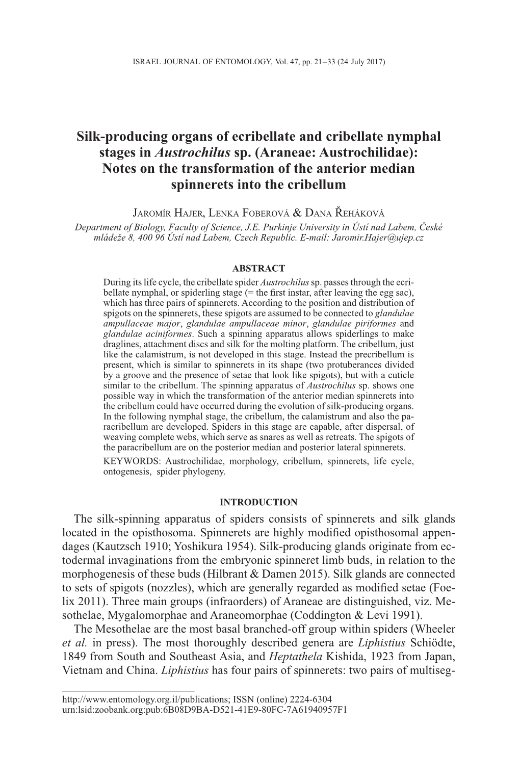 Silk-Producing Organs of Ecribellate and Cribellate Nymphal Stages in Austrochilus Sp