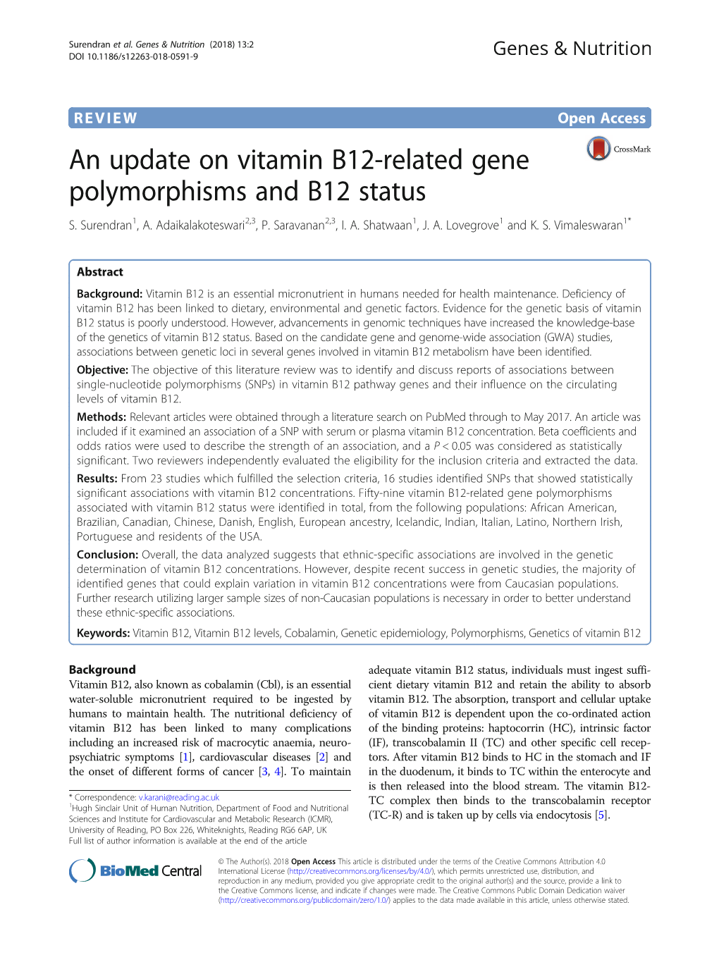 An Update on Vitamin B12-Related Gene Polymorphisms and B12 Status S