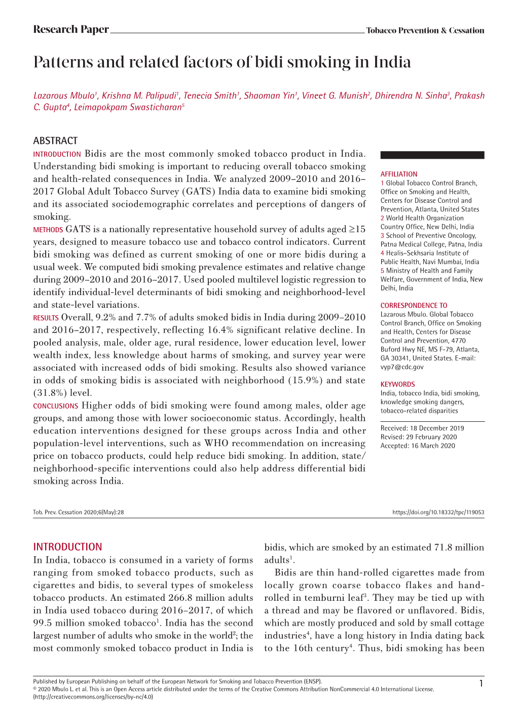 Patterns and Related Factors of Bidi Smoking in India