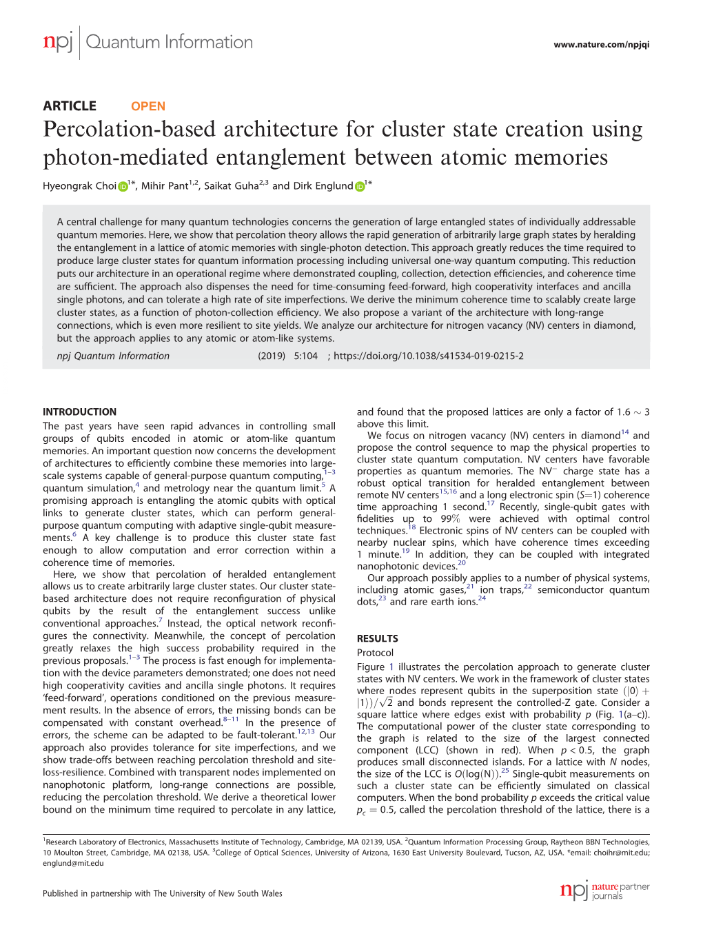 Percolation-Based Architecture for Cluster State Creation Using Photon-Mediated Entanglement Between Atomic Memories