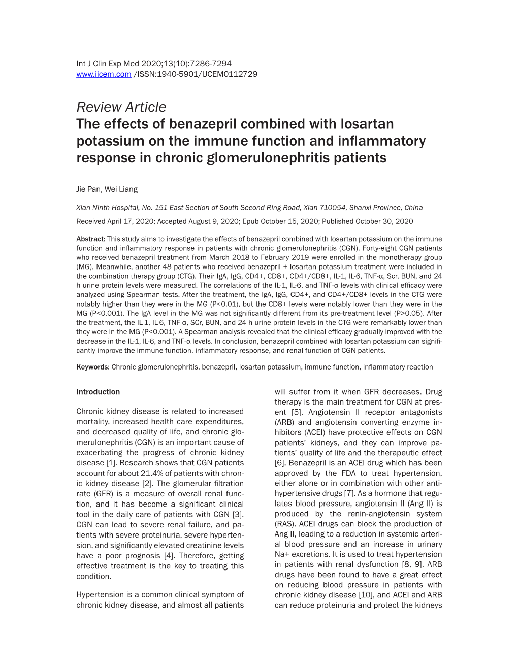 Review Article the Effects of Benazepril Combined with Losartan Potassium on the Immune Function and Inflammatory Response in Chronic Glomerulonephritis Patients