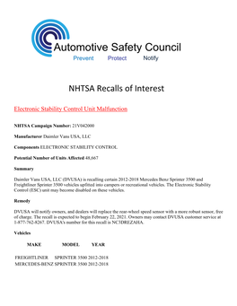2/15/2021 NHTSA Recalls of Interest