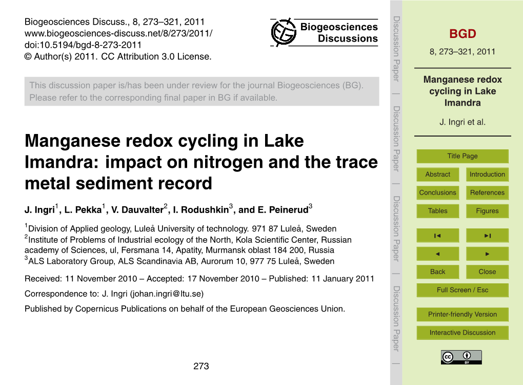 Manganese Redox Cycling in Lake Imandra: Impact on Nitrogen and the Trace Title Page Abstract Introduction Metal Sediment Record Conclusions References 1 1 2 3 3 J