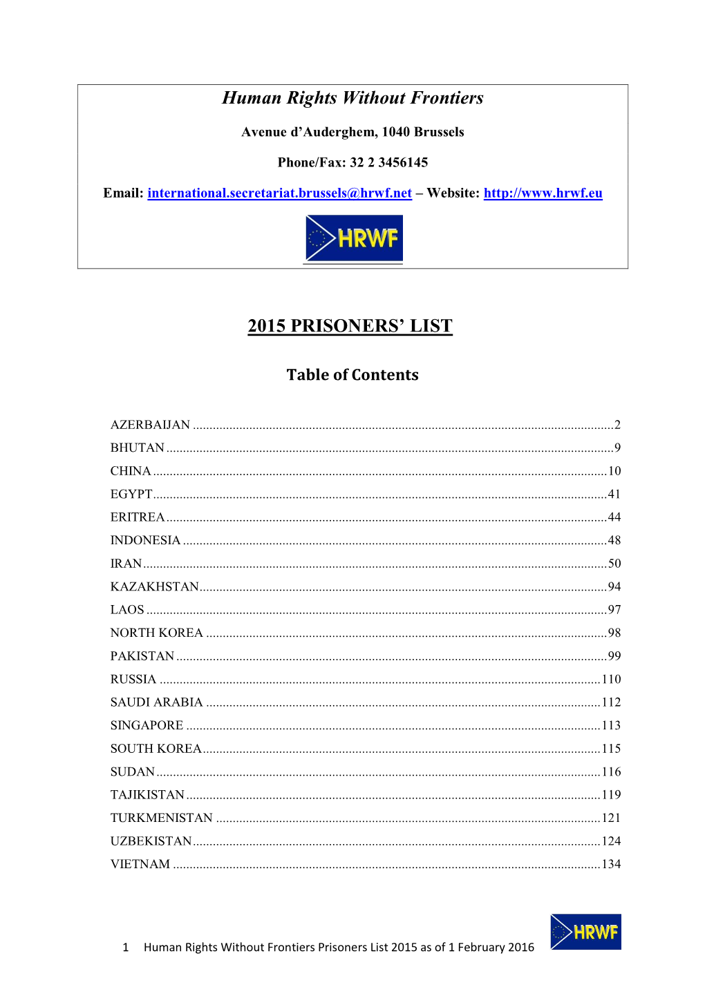 Human Rights Without Frontiers 2015 PRISONERS' LIST