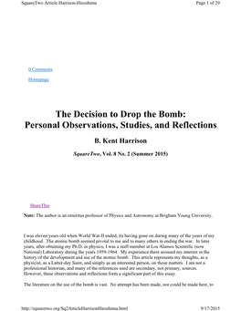 The Decision to Drop the Bomb: Personal Observations, Studies, and Reflections