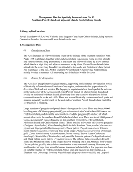 Management Plan for Specially Protected Area No. 15 Southern Powell Island and Adjacent Islands, South Orkney Islands 1