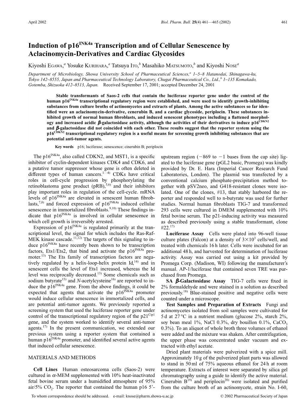 Induction of P16ink4a Transcription and of Cellular Senescence by Aclacinomycin-Derivatives and Cardiac Glycosides