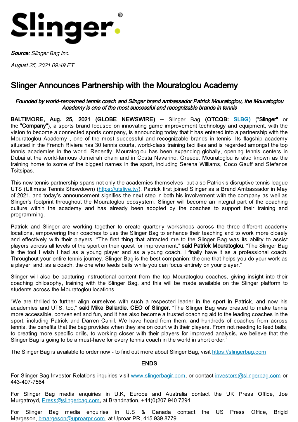 Slinger Announces Partnership with the Mouratoglou Academy