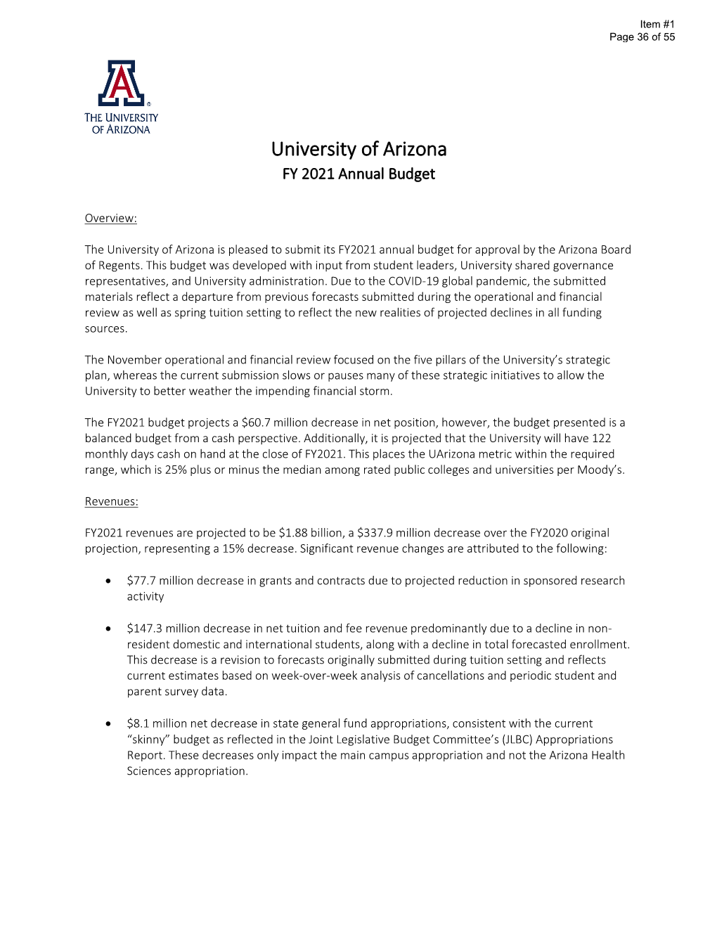 University of Arizona FY 2021 Annual Budget